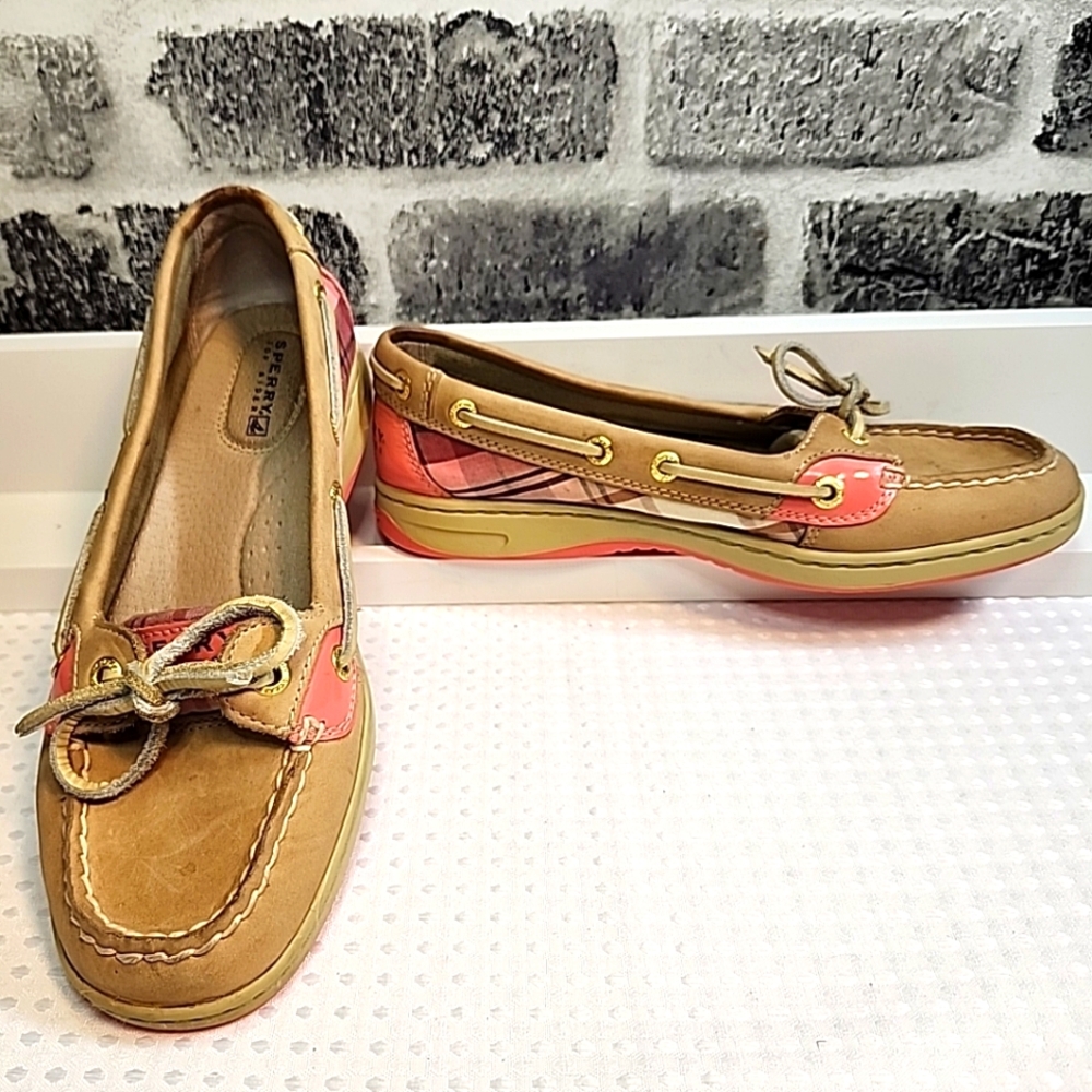 Sperry Top-Sider Angelfish Slip-on Tan Pink Plaid Leather Boat Shoes 6.5 Preppy
